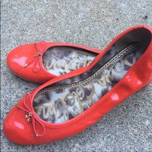 Red Orange Patent Leather Flats Size 9M bow cute